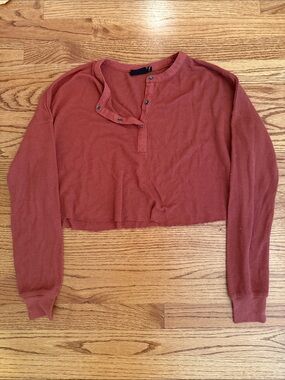Out From Under Cropped Henley Long Sleeve Top - Rust